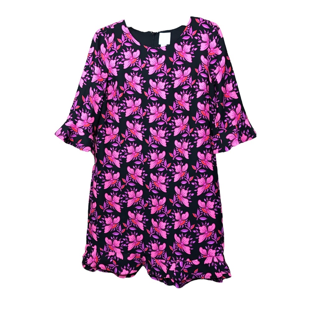 CeCe Black Pink Floral Pattern‎ Scope Neck 3/4 length sleeves Women's Dress